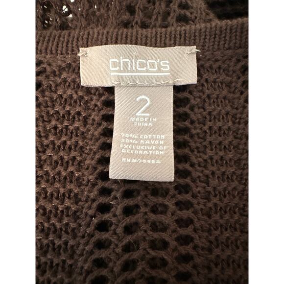 Chico’s Open Front Open Knit Cardigan Sweater Beaded Fringe Sz 2 /14 Brown Boho - Picture 9 of 10